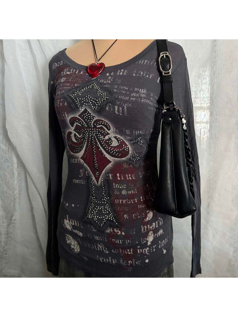 vintage y2k mcbling grunge grey fitted long sleeve top